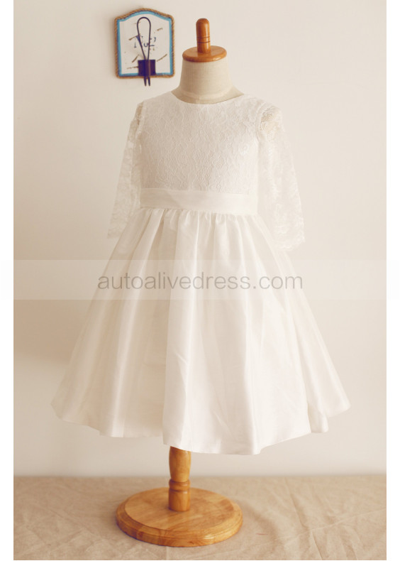 Long Sleeves Ivory Lace Taffeta Knee Length Wedding Flower Girl Dress